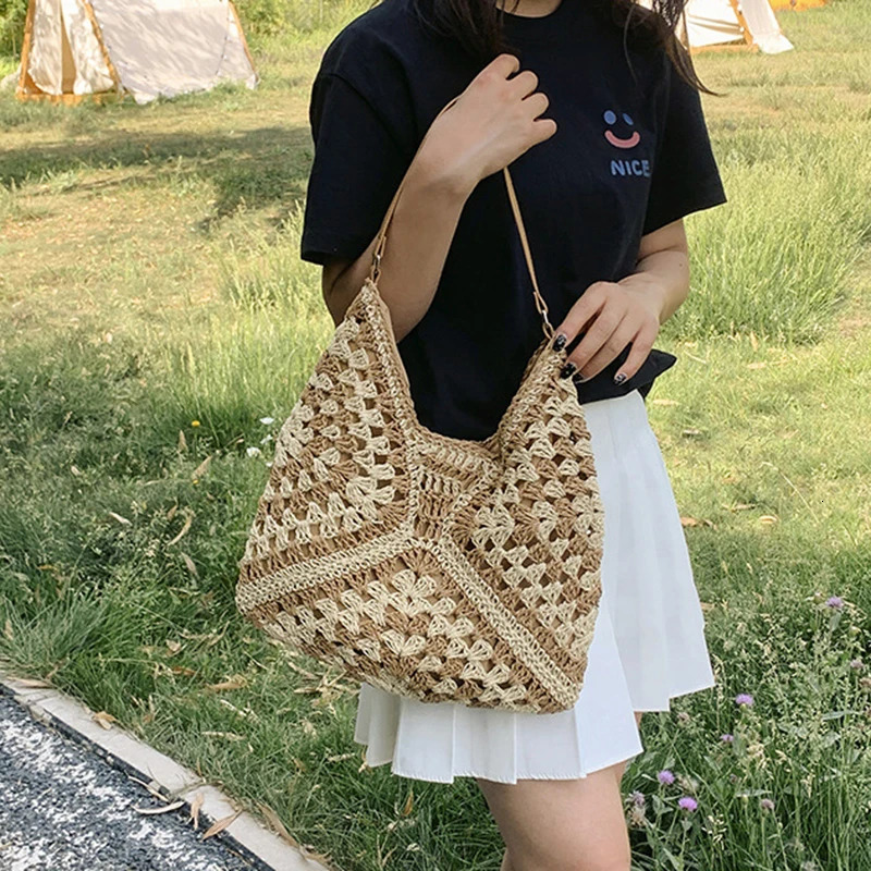 Womens Woven Straw Shoulder Bag Medium Size Handbag With Handle For Beach Vacation 260303