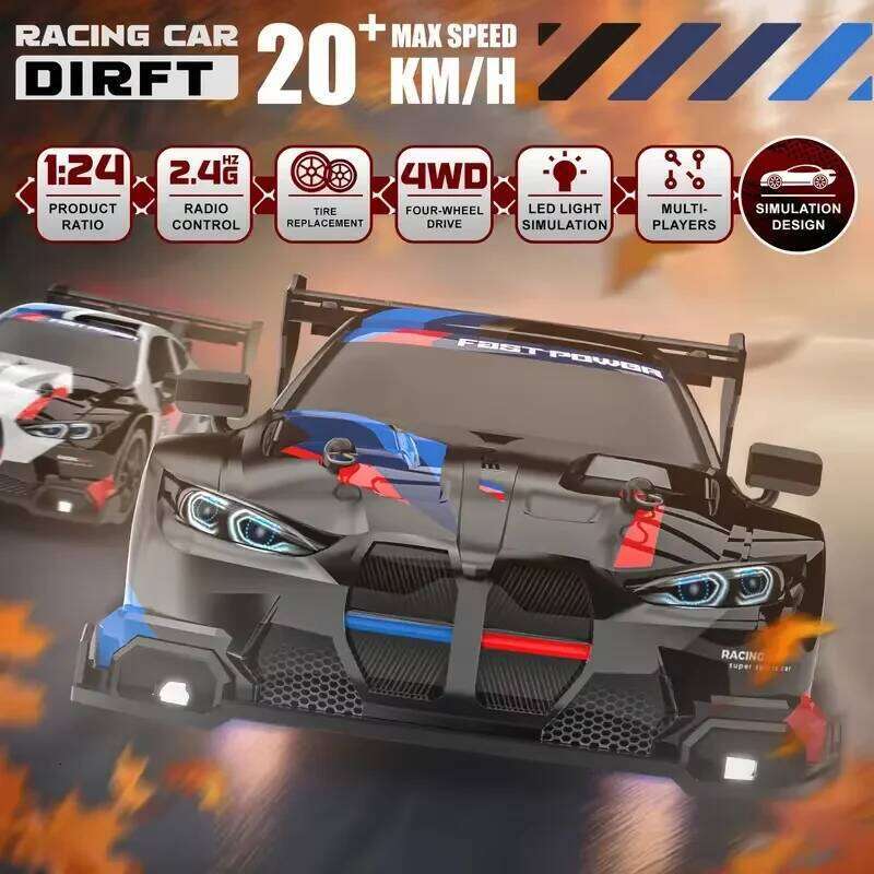 New 4WD 1:24 Scale RC Drift 2.4GHz 30KM/H High Speed M4 Racing Sport Car LED Lights with Extra Tires Toy Kid Adult Gifts Z260304