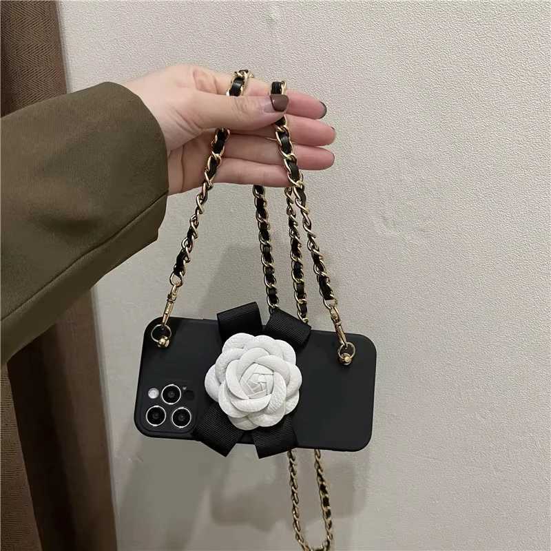 Luxury 3D Camellia Rose Silicone Phone Case with Pearl Bracelet Lanyard For iPhone 16 15 14 Plus 13 12 11 Pro Max | Anti-drop CoverT260305