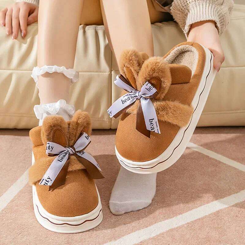 Faux Suede Women's Winter Home Rabbit Bow Cotton Slippers for Warmth, New Thick Soled Princess Style