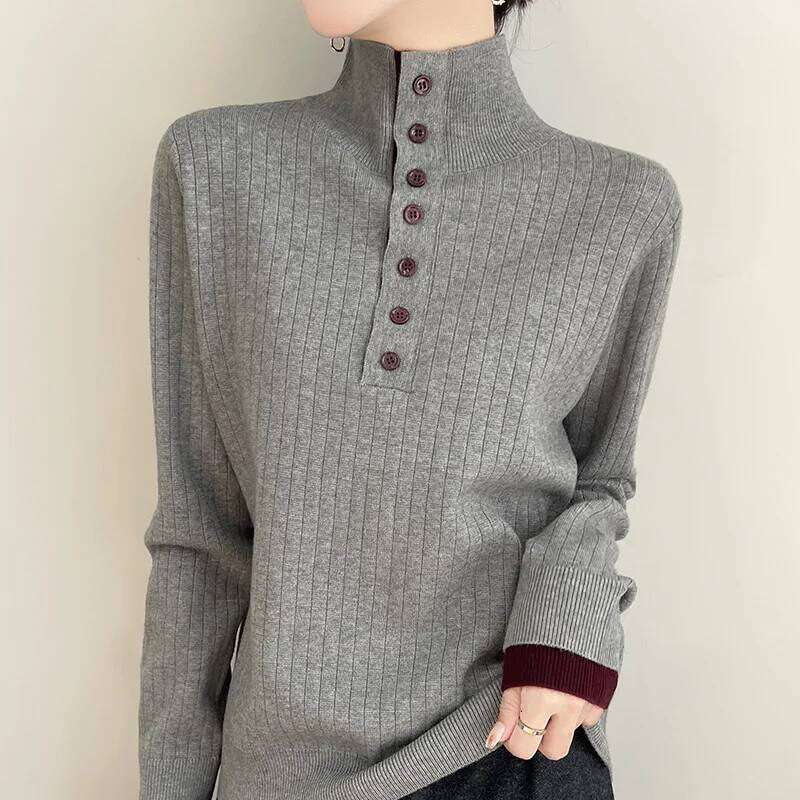Women Vintage Long Sleeve Sweaters Autumn/Winter Buttons Turtleneck Pullover Fashion Trends Soft and Comfortable Knitwear Tops XJ260305
