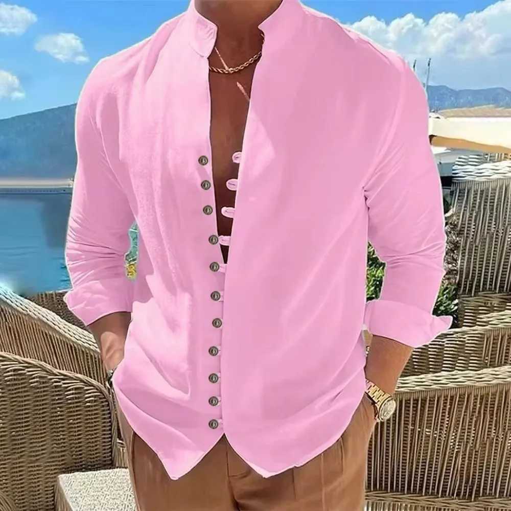 Spring and Autumn Cotton Linen Shirt Men Hot Sale Mens Long-Sleeved Shirts Solid Color Button Up Casual Style Plus Size M260305