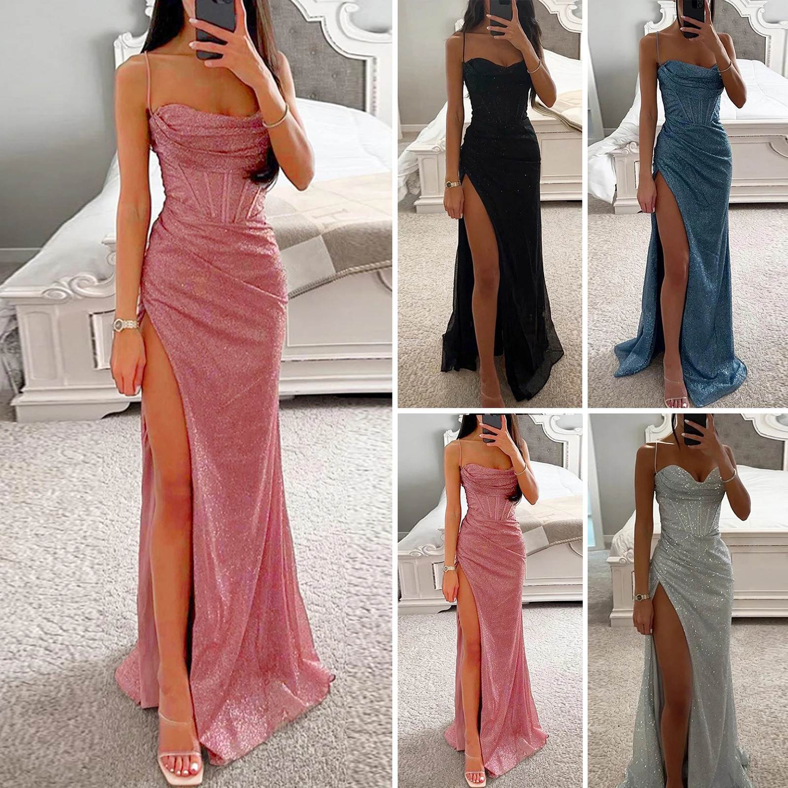 Offshoulder Gown Dress Elegant Sequin Vneck Maxi for Evening Party Prom Off Shoulder Slim Sexy Split Long 260302