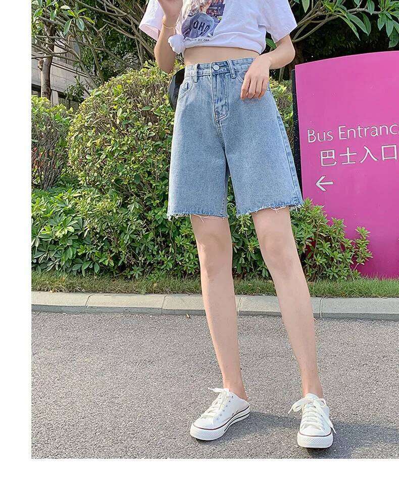 Mid-length Style Jeans,Women's New Summer Thin Casual Loose Wide-leg Pants.Stylish Rough Selvedge High Waist Ripped Short Jeans XJ260305