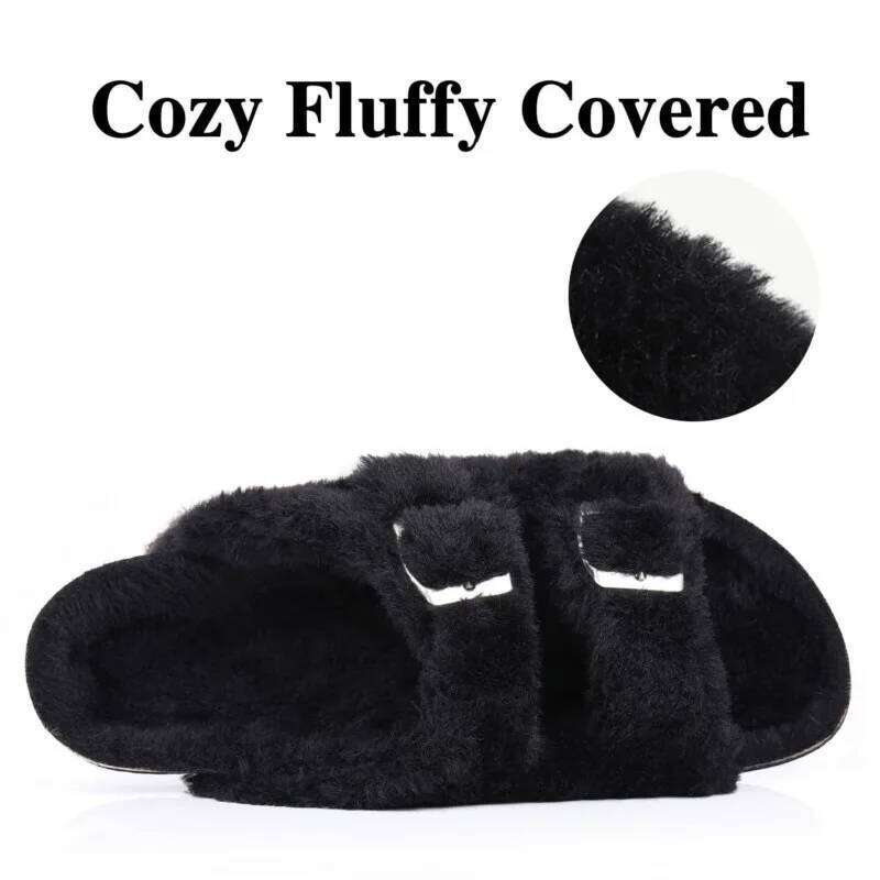 Kidmi Womens Fuzzy Slippers with Arch Support Adjustable Buckles New Fashion Cork Footbed Slides Open Toe Indoor Shoes for Women