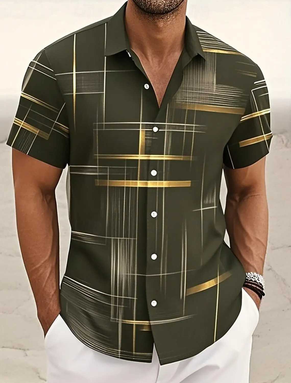 Summer Mens Geometric Grid Plaid Shirts Short SleeveTurndown Hawaiian Shirt Button Up Shirts No Pockets Shirts M260305