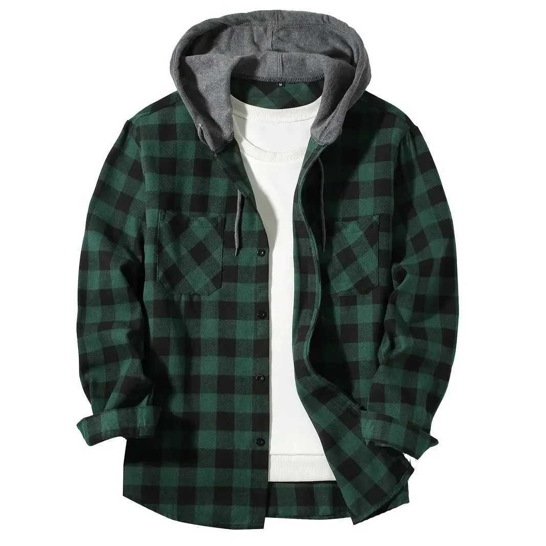 Mens Shirts Classic Plaid Casual Button Down Hooded Long Sleeved Double Pockets Shirt Hoodie Flannel Jacket Spring Autumn Tops M260305