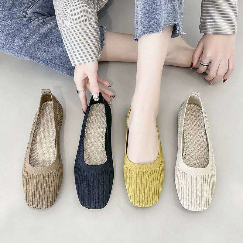Women Leisure Flats Summer Autumn Flat Shoes Breathable Knitted Square Toe Slip-on Female Daily Walking Driving Loafers