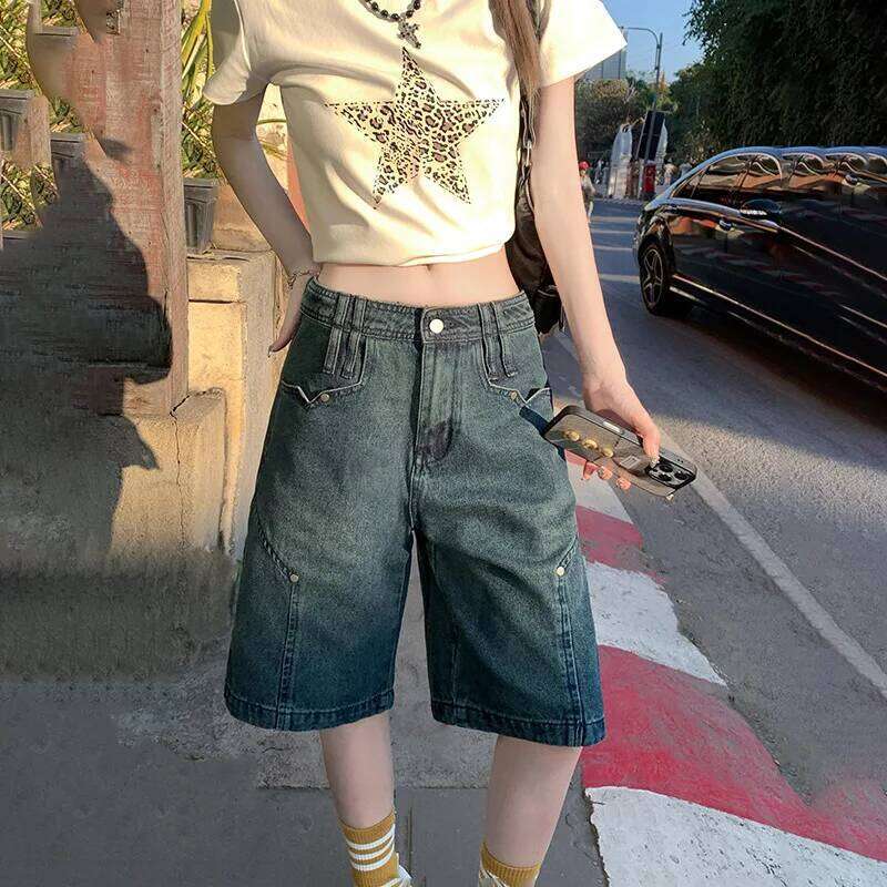 New American Loose Denim Shorts Spring Summer. Fashionable and Versatile Casual Straight-leg Mid-length Jeans for Ladies XJ260305