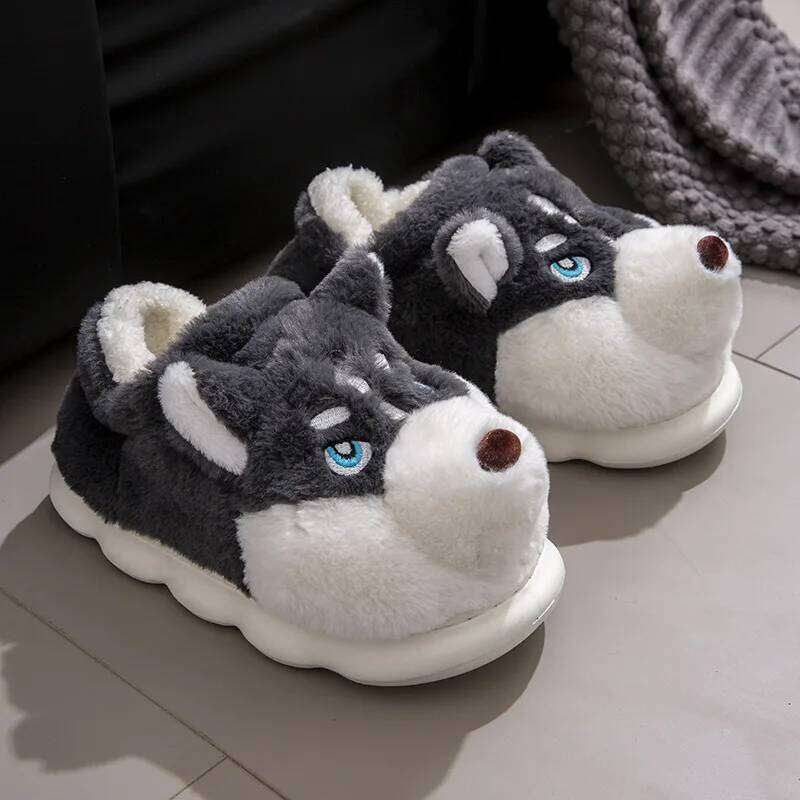 Women Indoor Cotton Slippers Cute Cartoon Dog Winter Warm Shoes Couples Home Floor Slides Anti-slip Female Male House Footwear