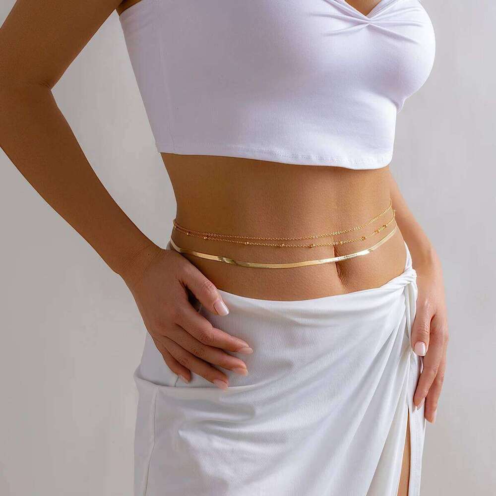 IngeSight.Z Sexy Multilayer Flat Snake Belly Waist Chain for Women Simple Gold Color CCB Beads Bikini Beach Body Jewelry S260304