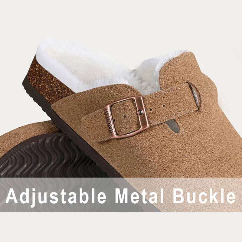 Kidmi Women's Slippers with Adjustable Metal Buckle Fashion Fur Lined Suede Clogs Cork Footbed Mules Slip On Winter Potato Shoes
