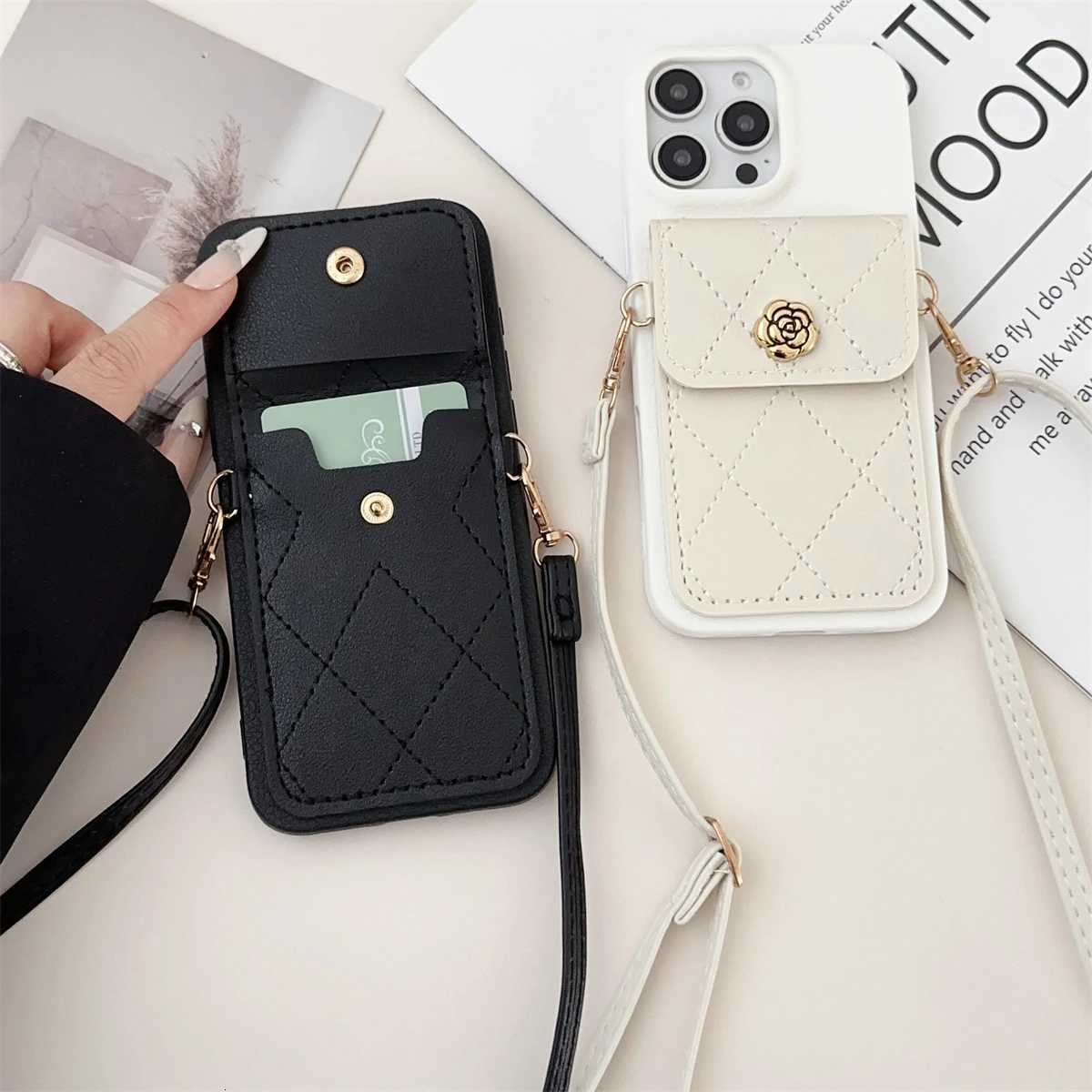 Luxury Camellia Quilted Wallet Crossbody Lanyard Phone Case For iPhone 16 15 14 13 12 Pro Max 11 Plus | 3D Flower Card Slot Protective CoverT260305