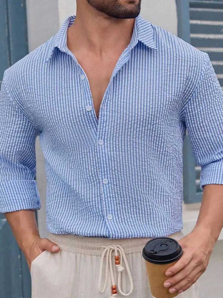 Stylish Mens Striped Textured Shirt Tops Spring Fall New Casual Breathable Shirts Men Clothing Vintage Button-up Collar Shirts M260305