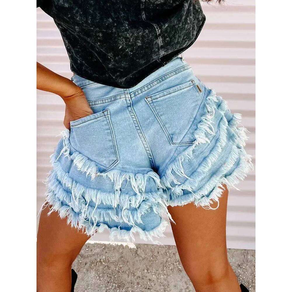 Summer Women Shorts Sexy Hot Nightclub Fetish Cuffs Spliced Denim Pants Lady Patchwork Streetwear Party Tassel Jeans XJ260305