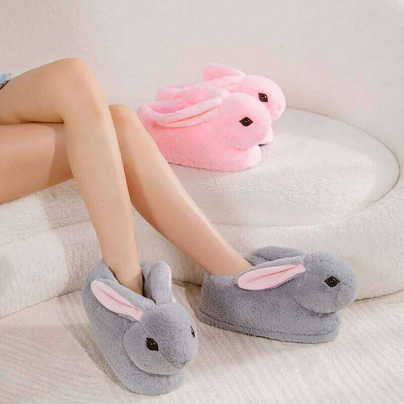 Cute Rabbit Slippers Women Cartoon Bunny Shoes Warm Faux Fur Soft Sole Girls Indoor Home Floor Slipper Funny House Footwear