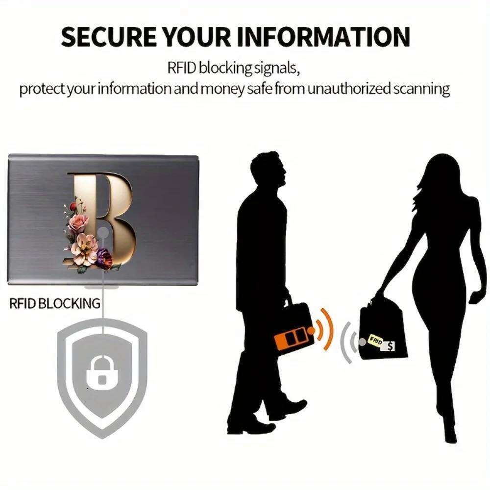 1pc 26 Letters Print 6 card slots RFID Blocking Credit Holder, Stainless Steel Business Card Holder C260304