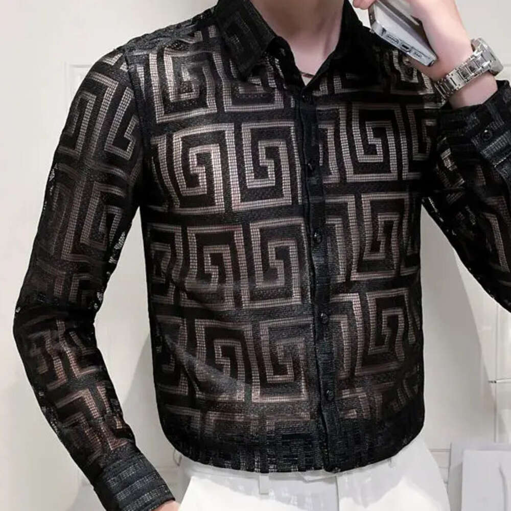 Men's Clothing Spring And Autumn Hollow Long-Sleeved Shirts Fashion Brand Handsome Lapel Printed Top