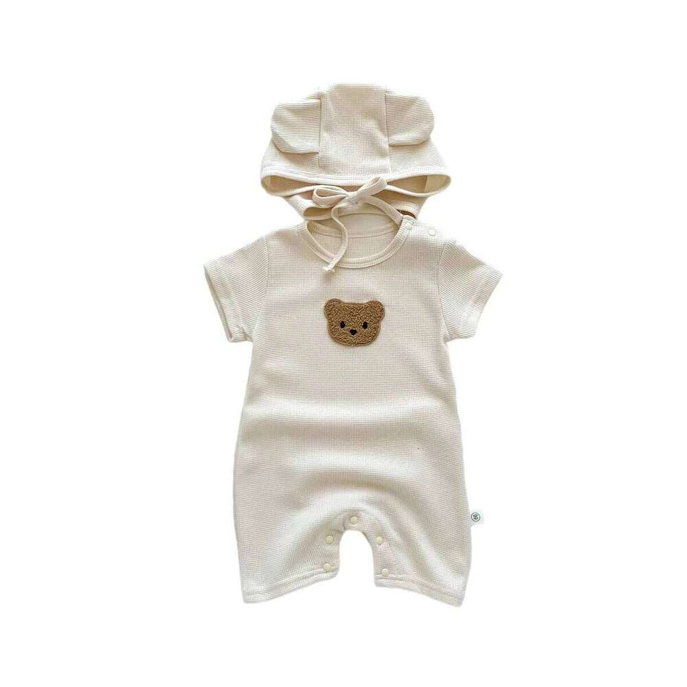 New In Summer Kids Baby Girls Boys Short Sleeve Waffle Patch Bear Infant Newborn Jumpsuits Cotton Romper Gift Hat with Ear Z260304