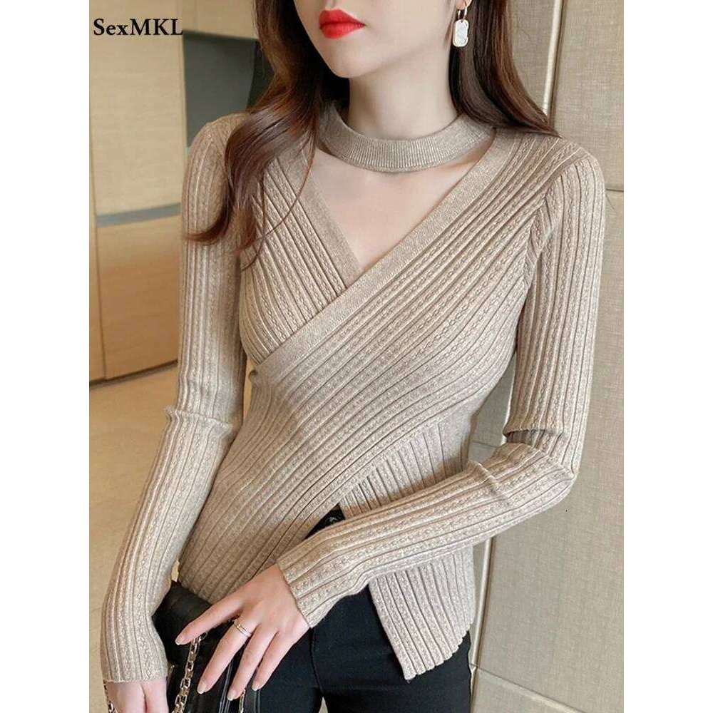 Sexy V neck White Sweaters Women Casual Long Sleeve Ladies Tops Slim Y2k Clothes Autumn Winter Korean Basic Knitwear Pullovers XJ260305