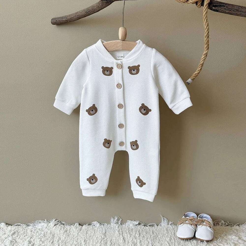 New White Bear Printed Long Sleeved Pants Cute Newborns Romper Autumn Baby Girls Jumpsuit Soft Z260304