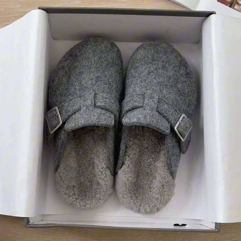 Kidmi Women's Slippers Comfortable and Versatile Outdoor Shoes Winter 2025 New Grey Leather Shearling Closed-toe Felt Soft Mules