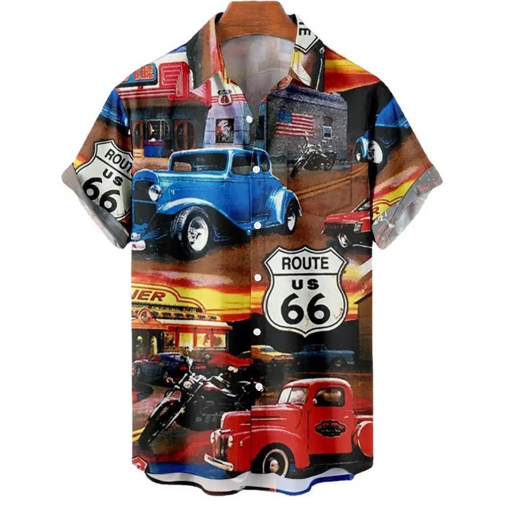 Hawaiian New Mens Shirt Route 66 Street Classic 3d Printed Short Sleeve Tee Rock Music Lapel Plus Size Man Top Vintage Clothes M260305