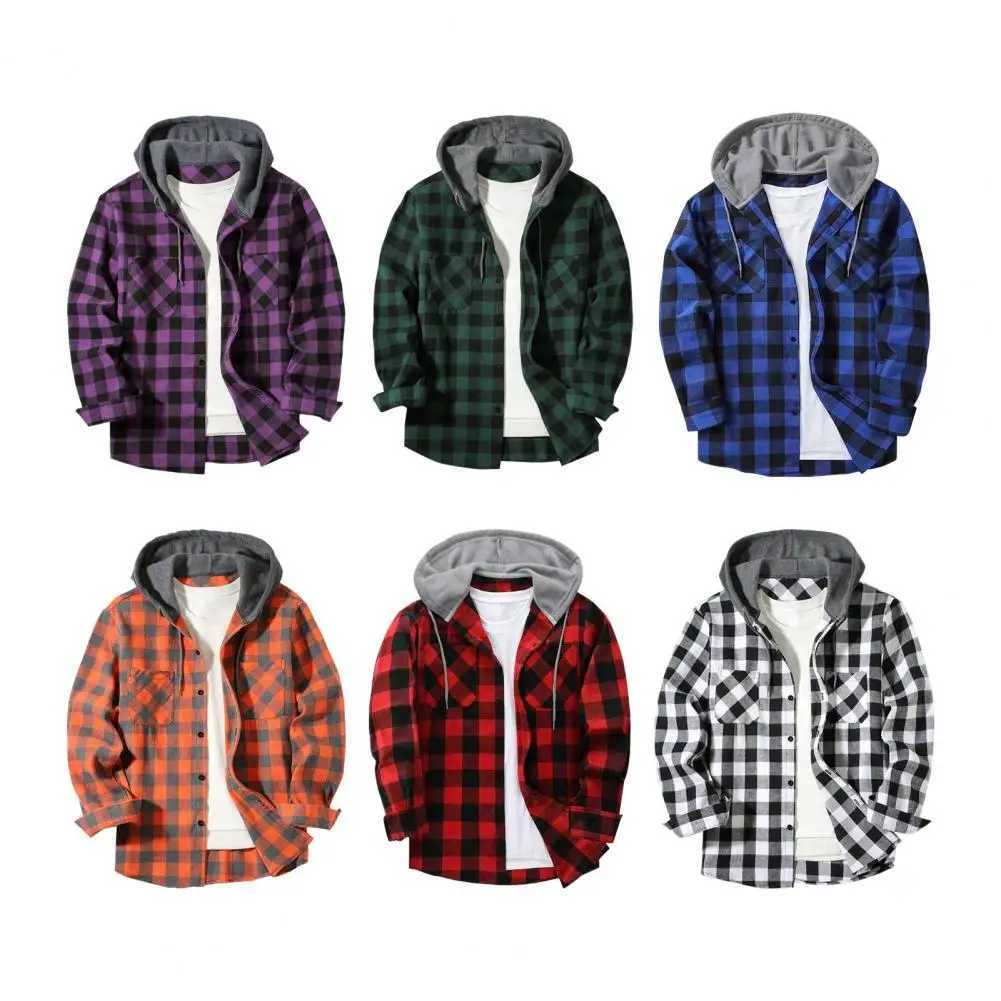 Fall Spring Men Hooded Shirt Color Matching Plaid Print Single-breasted Male Shirt Coat Casual Drawstring Long Sleeves Outerwear M260305