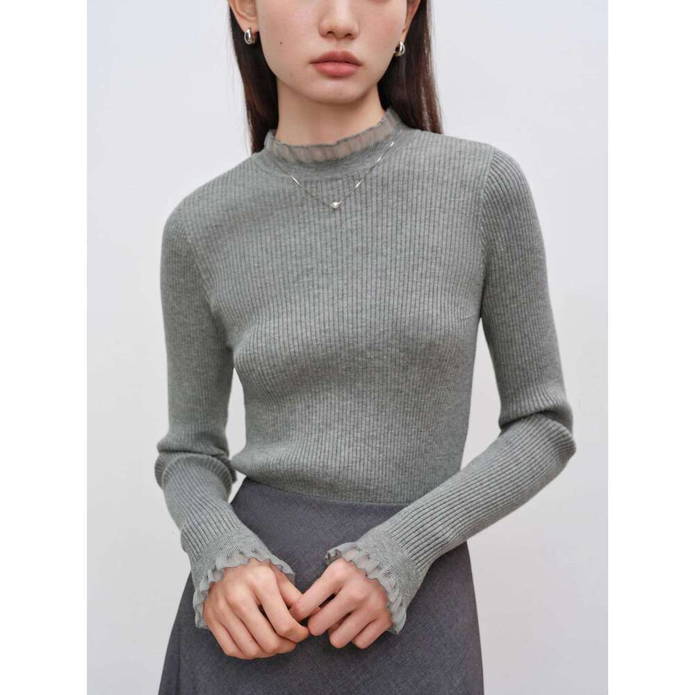 ZIQIAO Women Beige Slim Pullovers Ruffle Patchwork Design Knitted Black All-Match Bottoming Long Sleeve Sweater Tops 24ZQ93231 XJ260305