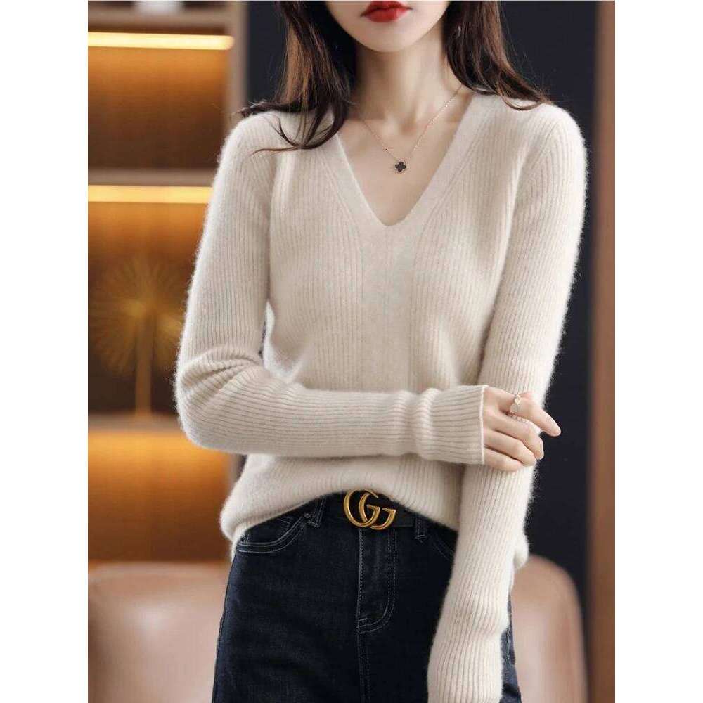 Women Wool V-neck Bottoming Jumpers Solid Autumn Winter Soft Warm Woman Sweater Knitted Basic Slim Pullovers Tops XJ260305