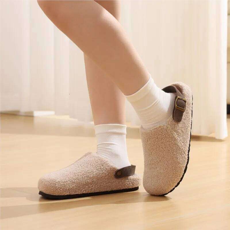 Kidmi New Winter Furry Womens Adjustable Buckle Slip On Cork Insole Slides Fluffy Comfy Slippers With Arch Support