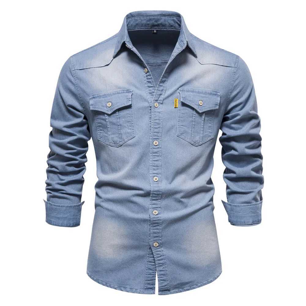 Elastic Cotton Denim Shirt Men Long Sleeve Solid Color Pocket Shirts for Men Casual Slim Fit Mens Designer Clothing M260305
