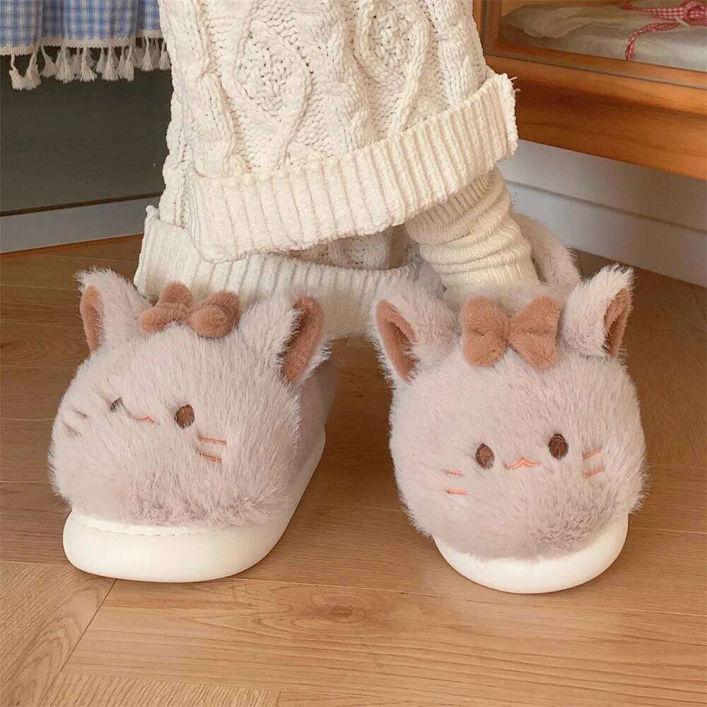 Cute Cartoon Cat Fluffy Slippers For Women Winter House Warm Faux Fur Thick Sole Anti-slip Girls Indoor Cotton Shoes