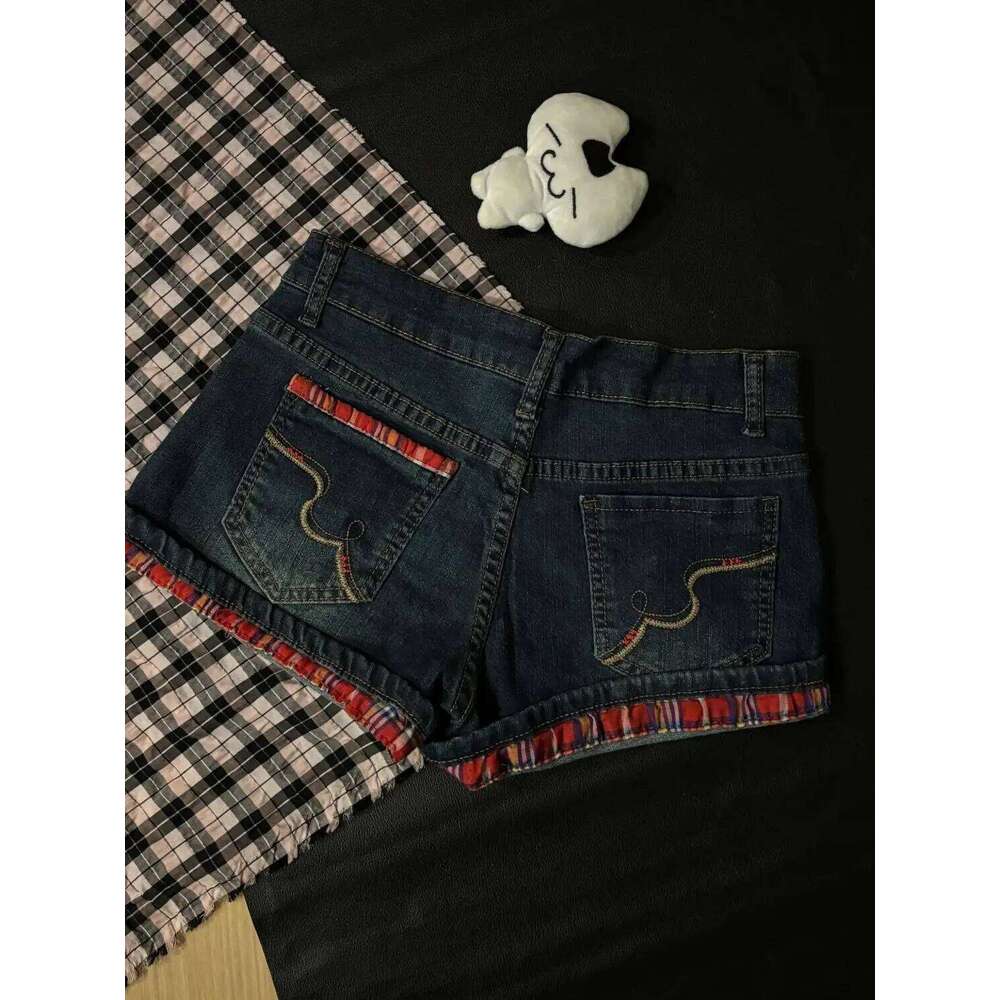 Red Plaid Curled Low-rise Denim Women's Summer New Design Diamond-encrusted Retro Jeans Y2k Shorts XJ260305