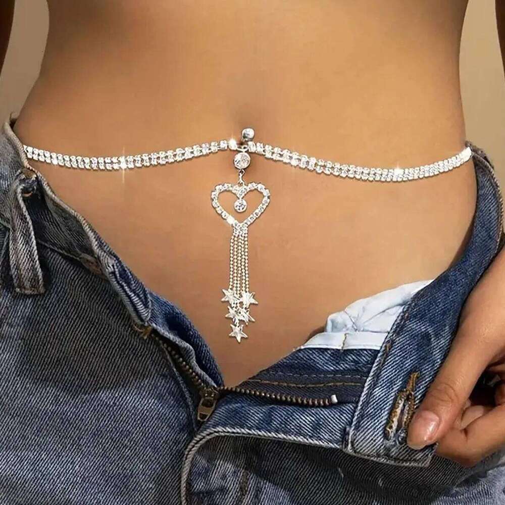 Star Rhinestone Crystal Waist Chains Heart Pendant Summer Beach Body Festival Belt Belly Jewelry S260304