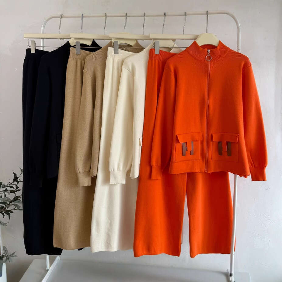Women's Fashionable Knitted Zipper Cardigan Wide Leg Pants Pocket Two Piece Set Cross-Border New Style Versatile Ensemble Asia Size