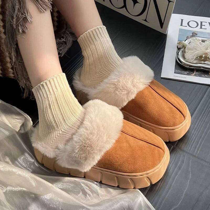 Women Indoor Fluffy Slippers Winter Warm Shoes Soft Faux Fur Thick Sole Light Weight Anti-slip Couples Home Floor Slipper