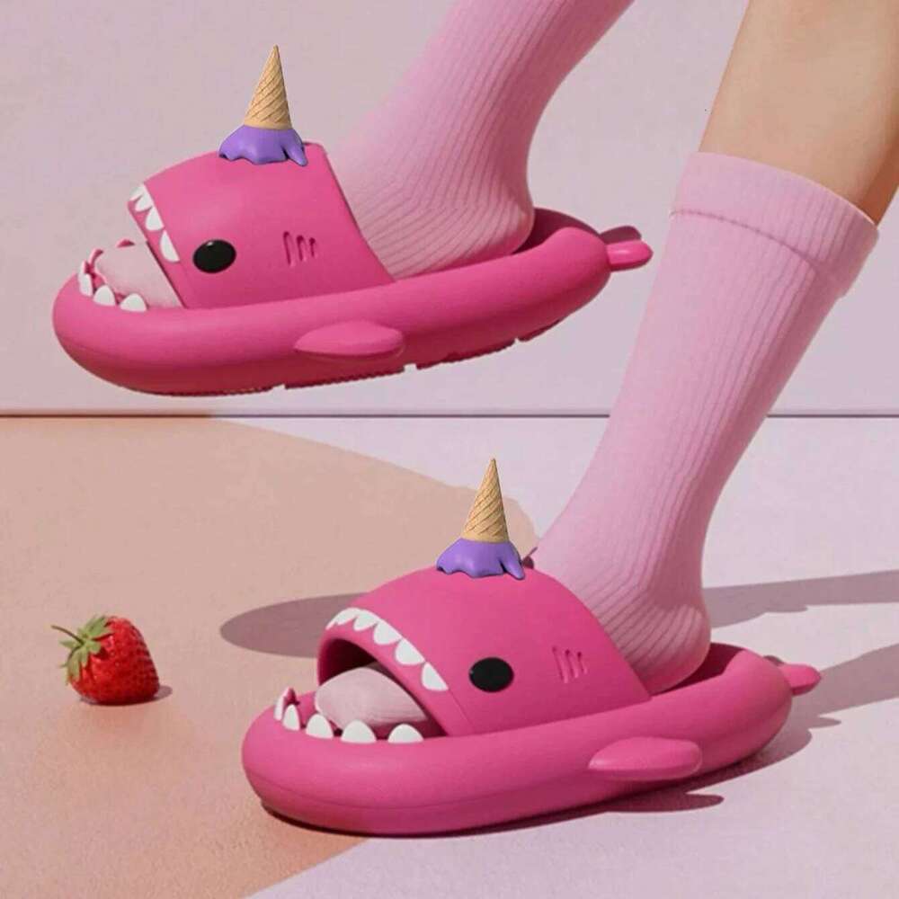 Summer Ice Cream Shark Slippers for Couples Cute Anti-Slip Thick Sole Indoor Bathroom Slides Men Women Beach Street Sandals