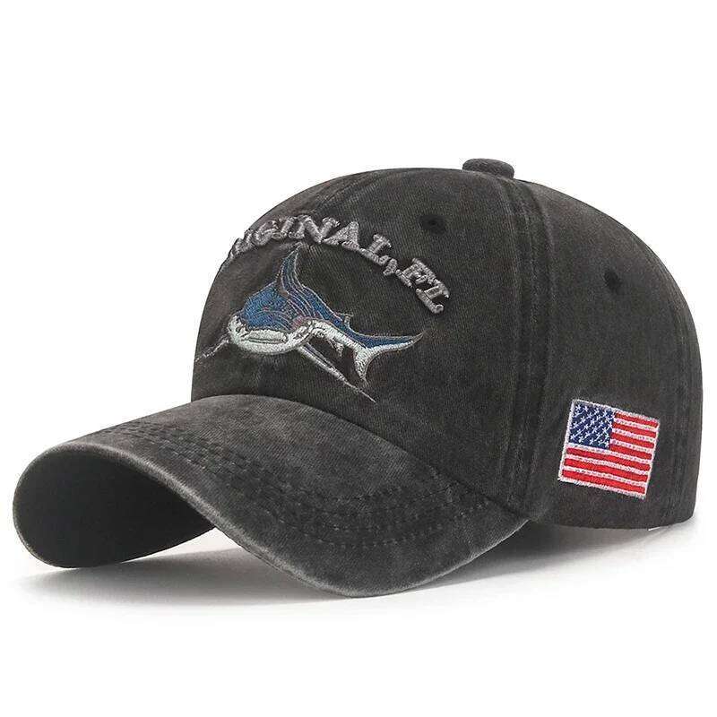 Popular Cartoon Washed Embroidered Shark Baseball Cap Y260304