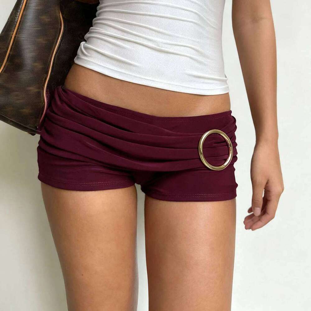 2026 New Women's Sexy Burgundy Pleated Metal Buckle Low Waist Slim Casual Shorts XJ260305