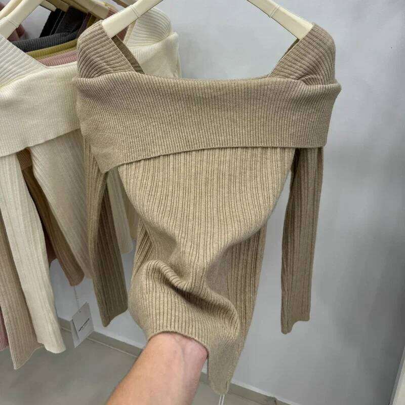 Women Off the Shoulder Sweater Top Ribbed Knit Long Sleeve Pullover Fitted Plain Jumper Ladies Fall Winter Elegant Outfit XJ260305