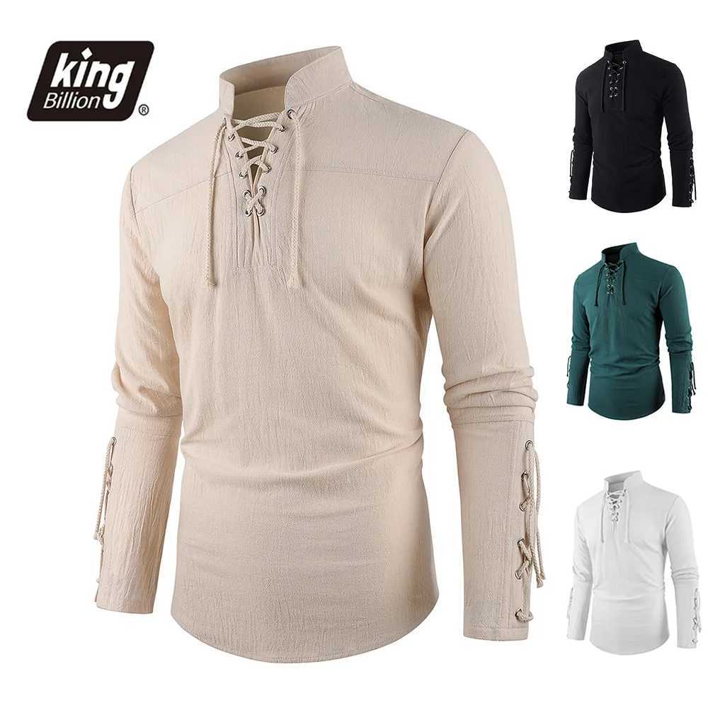 Mens Casual Cotton Linen T-shirt Henley Neck Drawstring Design Tops Medieval Costume Halloween Party Vintage Stylish Tees M260305