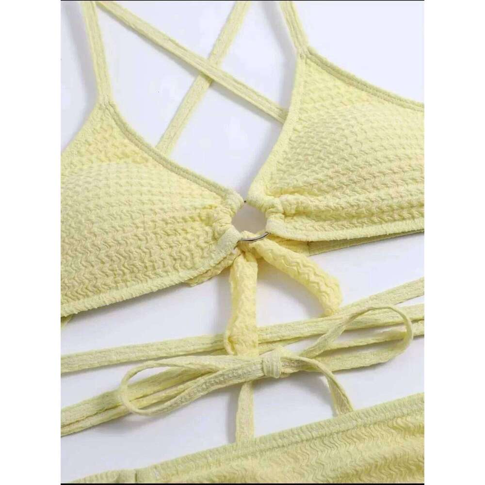 Sexy Yellow Bikini Women Solid Halter Ring Linked Criss Cross Cover Up 3 Piece Swimsuit 2025 Bathing Suit Ruffles Skirt Swimwear Y260303