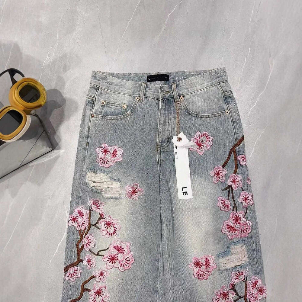 Mardi Hefxessdr Hip Hop Gothic plum Blossom Embroidery Baggy Jeans Retro Y2k Men Clothing Street Wide Leg Black Denim Trousers Chinese style jeans wom