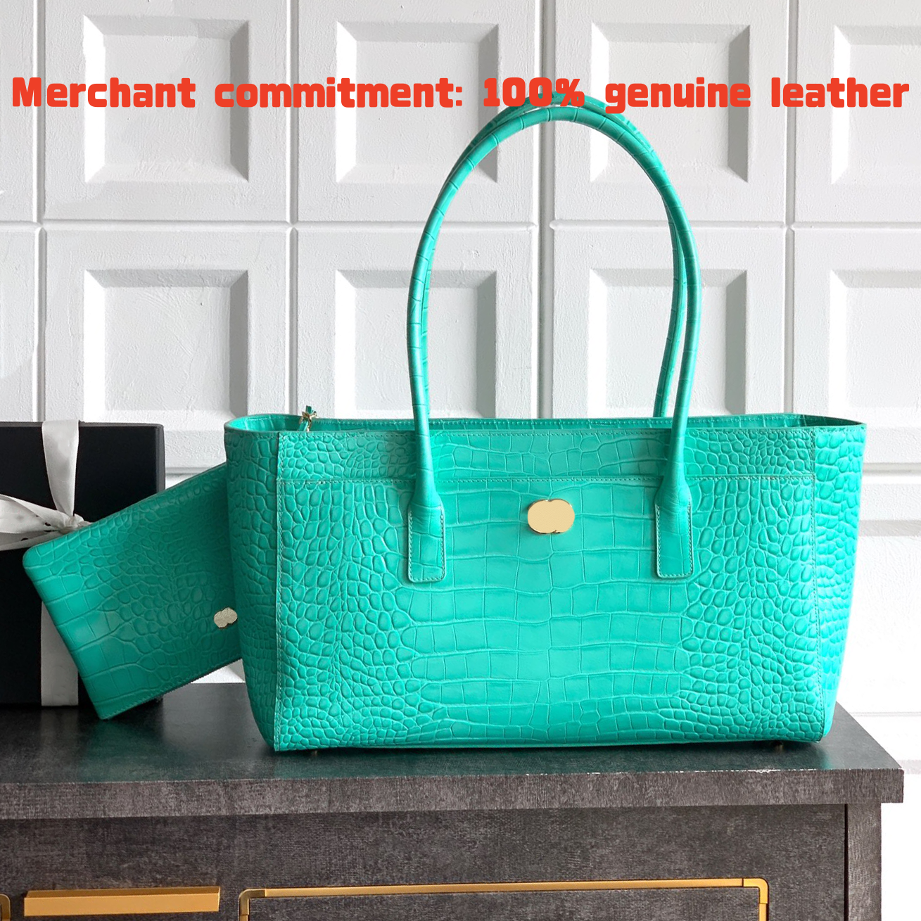 2026 New Fashion Mint Green Crocodile-Pattern Tote Bag Large Capacity Solid-Color Genuine Leather Handbag Women's Hobo Underarm Bag Shopping Bag Designer Weekend Bag