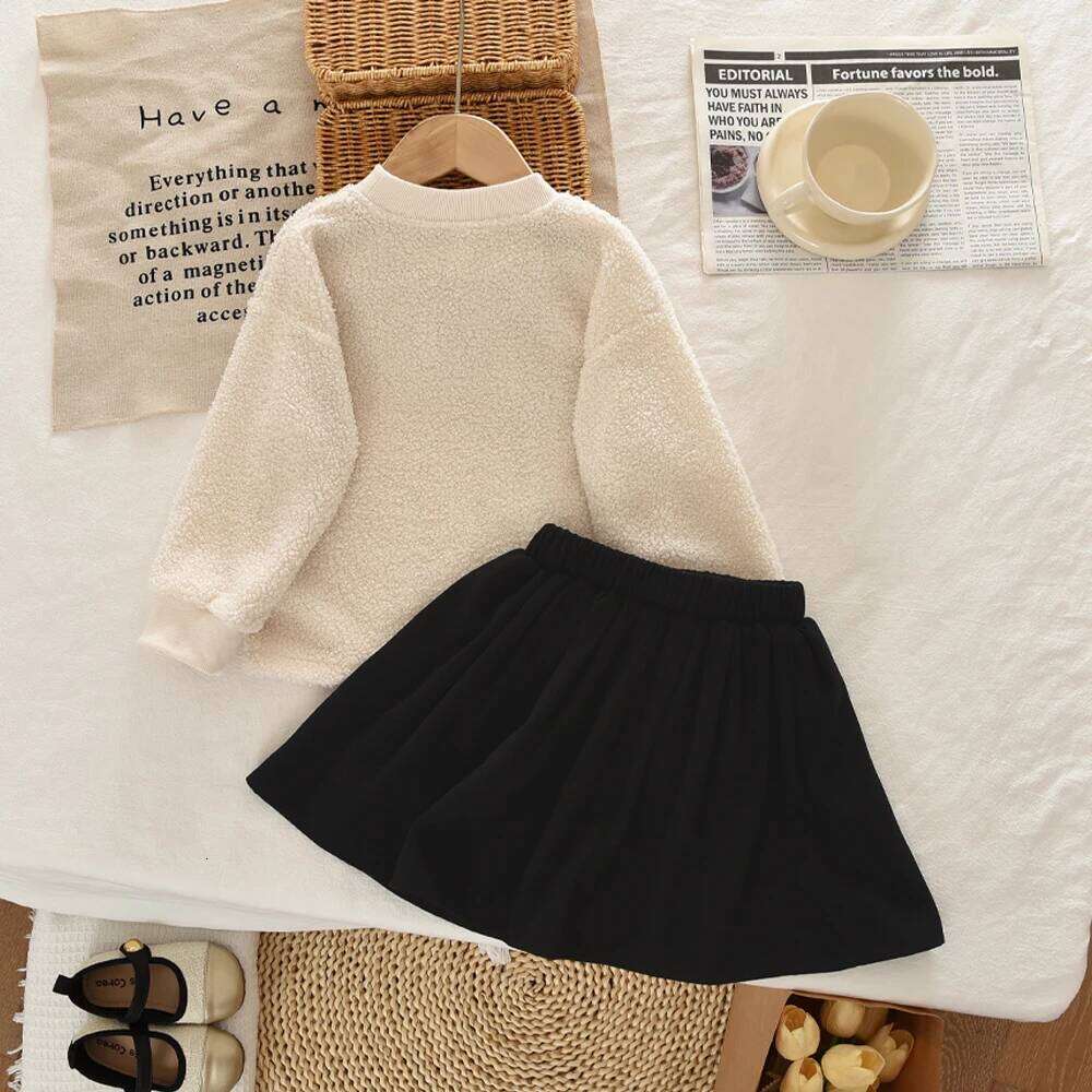 Bear Leader Autumn Winter Korean Version Beige Girls' Set Casual Kids Clothes Bow Fleece Long Sleeved Top + Black Short Skirt Z260304