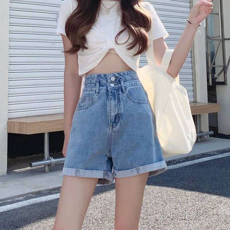 Women's summer thin denim shorts with loose fit high waist slimming effect wide legs and rolled edge hot pants for outerwear XJ260305