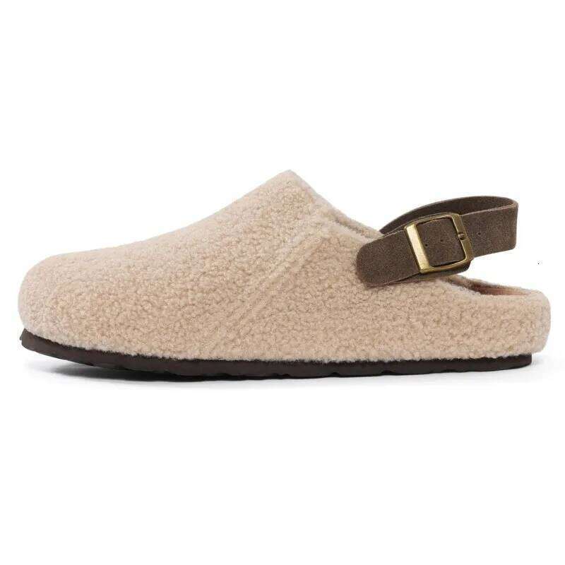 Kidmi New Winter Furry Womens Adjustable Buckle Slip On Cork Insole Slides Fluffy Comfy Slippers With Arch Support