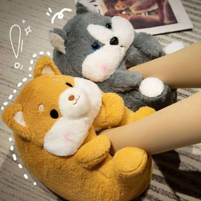 Cute Cartoon Dog Rabbit Indoor Fluffy Slippers For Women Home Floor Warm Soft Faux Fur Female Winter Cotton Shoes