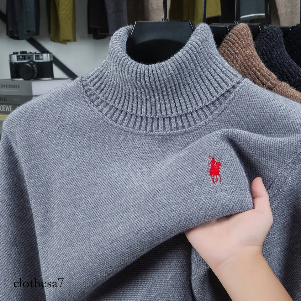 High end brand velvet sweater men's new fashion designer exquisite pony embroidery winter thick warm high neck knitted pullover